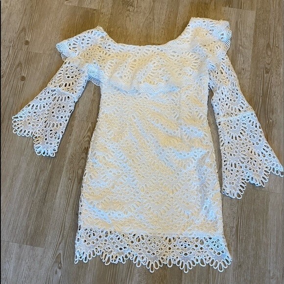 Boston Proper Dresses & Skirts - Boston Proper off the shoulder white eyelet mini dress by INA lined size…